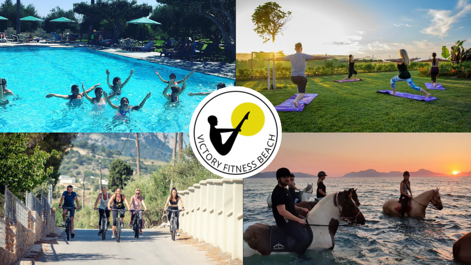 Images of fitness / wellness retreats in Greece, activities include horse riding, swimming, yoga and cycling